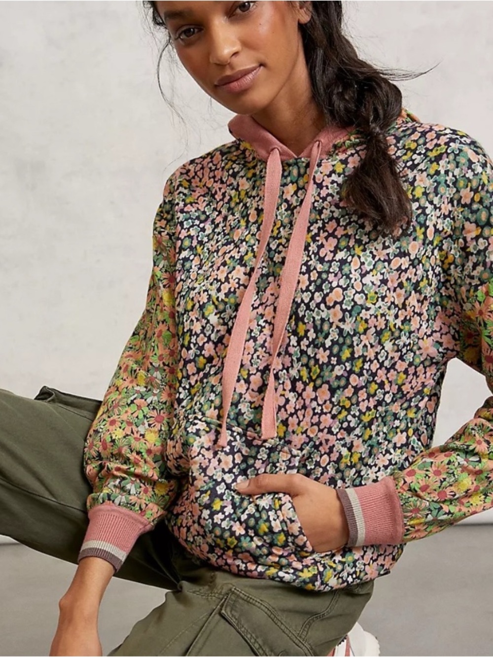 Conditions Apply - Floral Print Pullover Hoodie in Pink and Black